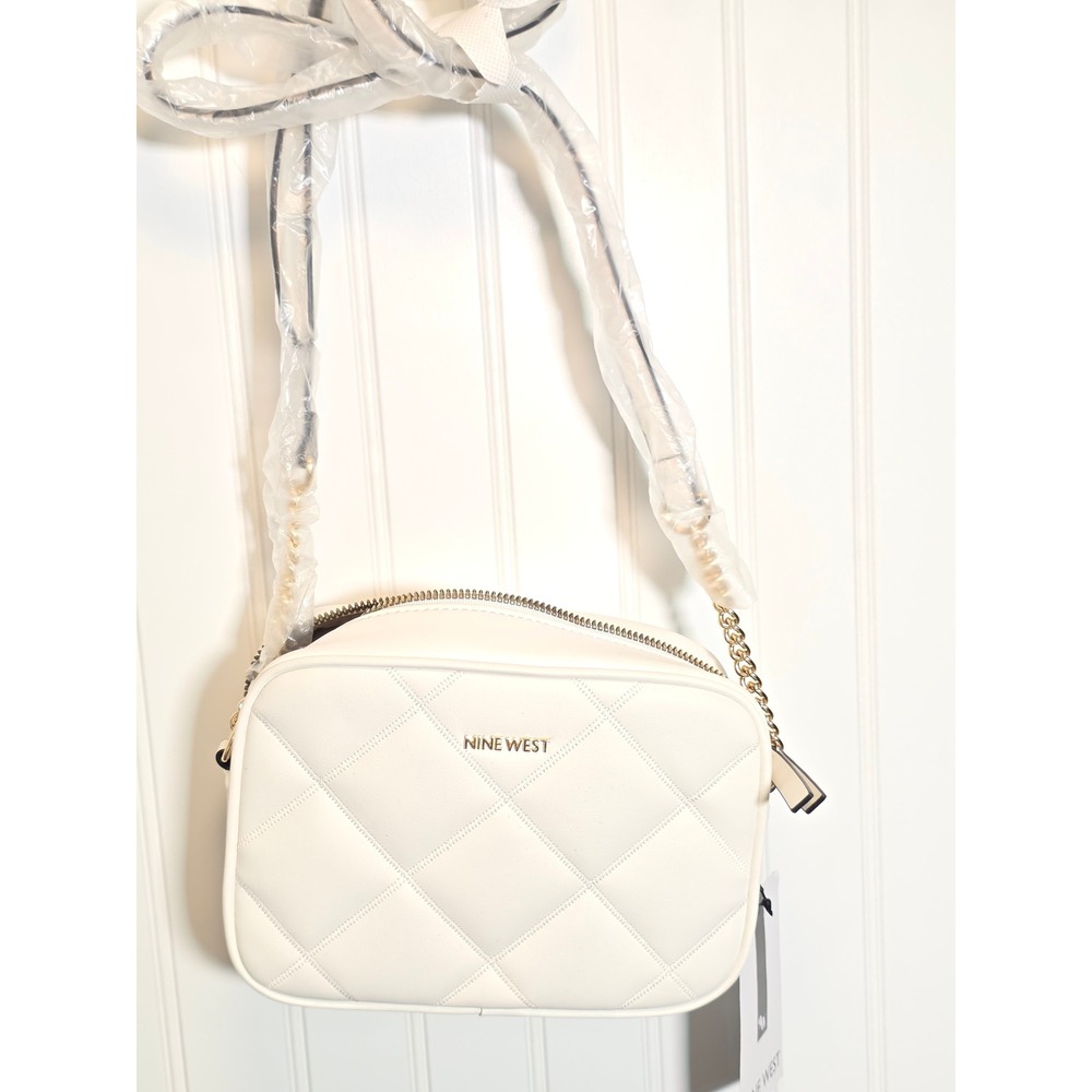 Nine West Sidonie Mini Quilted Crossbody Bag Optic White NGN132669 Gold Hardware